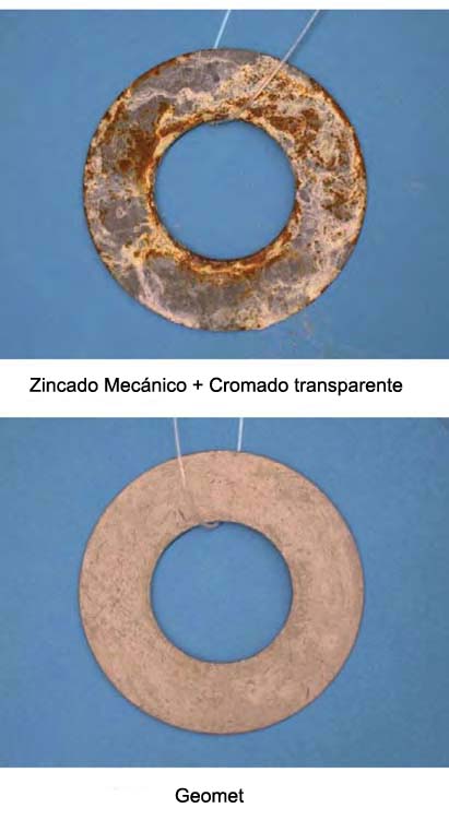 Oxidación en arandelas con Geomet y en arandelas zincadas